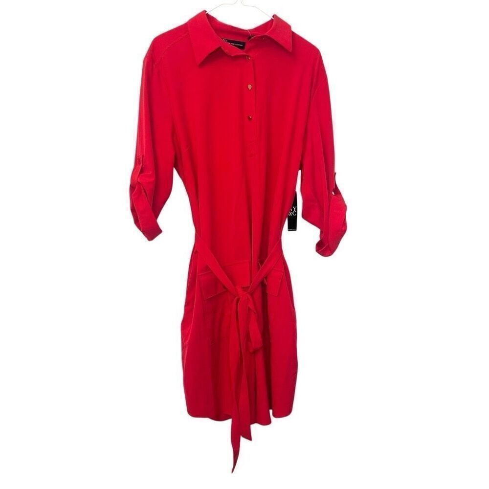 NWT New York & Company 3/4 Tab Sleeve Pockets Belted Red Shirt Dress Size XL